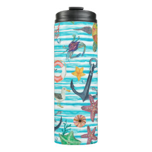 Watercolor painting seamless pattern with turtles, thermal tumbler