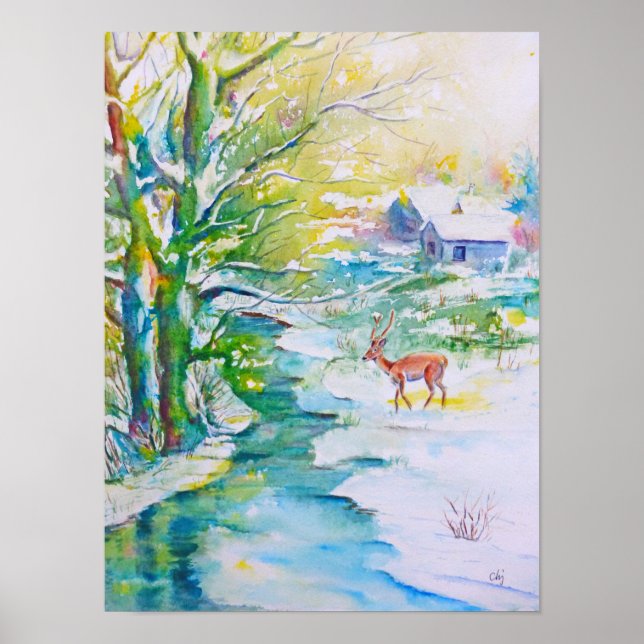 Watercolor Painting Snow Deer Stream Landscape Poster (Front)