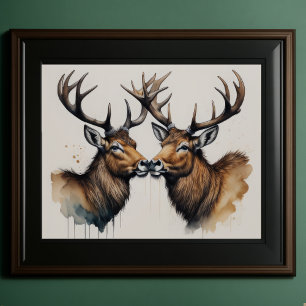 Watercolor Painting Stags Kissing 5:4 Poster