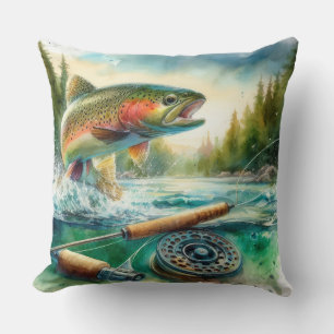 Watercolor Painting Trout Fly Fishing Cushion
