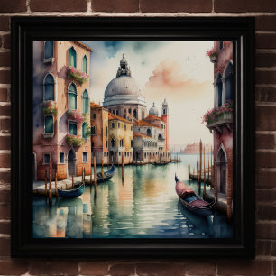 Watercolor Painting Venice City Scene Gondola 1:1 Poster