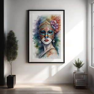 Watercolor Painting Woman Venetian Mask Poster
