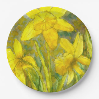 Watercolor Painting, Yellow Flowers Art, Daffodils Paper Plate