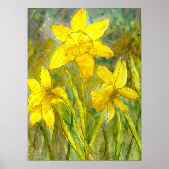 Watercolor Painting, Yellow Flowers Art, Daffodils Poster (Front)