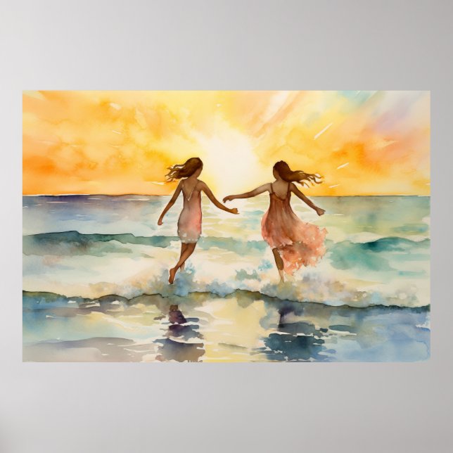 Watercolor paintings of girls walking on the beach poster (Front)