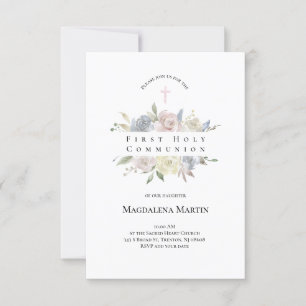 watercolor pale flowers First Communion Invitation