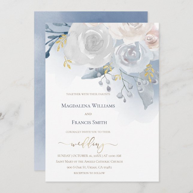 watercolor pale flowers | wedding invitation (Front/Back)