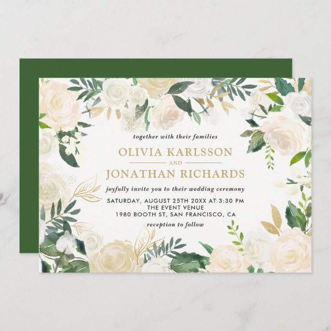 Watercolor Pale Peonies Gold Accent Wedding Invitation (Front/Back)
