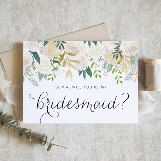 Watercolor Pale Peonies Will You Be My Bridesmaid Invitation (Floral bridesmaid proposal card with ivory flowers, greenery, and faux gold foil accent.)