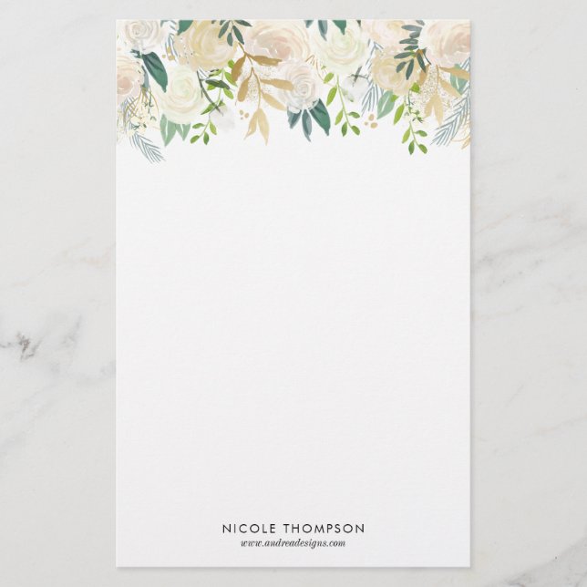 Watercolor Pale Peonies with Gold Accents Garland Stationery (Front)