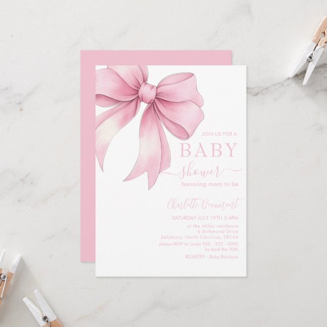 Watercolor Pale Pink Ribbon Baby Shower Invitation (Front/Back In Situ)
