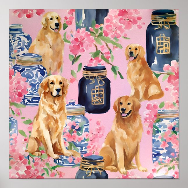 Watercolor Palm Beach Golden Retrievers Ginger Jar Poster (Front)