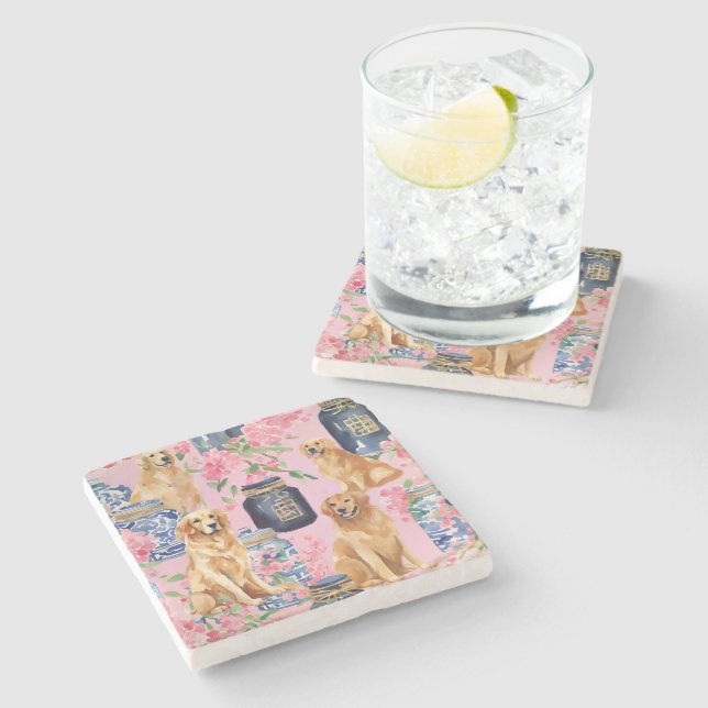 Watercolor Palm Beach Golden Retrievers Ginger Jar Stone Coaster (Side)
