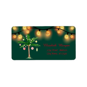  Watercolor Palm Christmas Tree, String Lights  Label