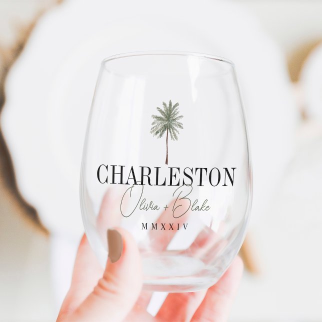 Watercolor Palm Destination Wedding Favour Stemless Wine Glass (Creator Uploaded)