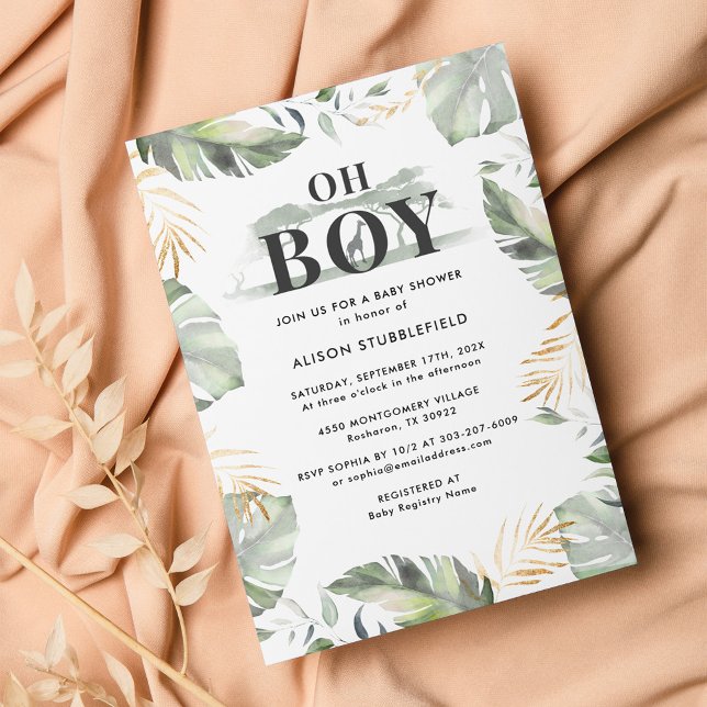 Watercolor Palm Giraffe Safari Boy Baby Shower Invitation (Botanical Boy Safari Baby Shower Invitation)