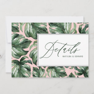 Watercolor palm leaf foliage wedding details announcement