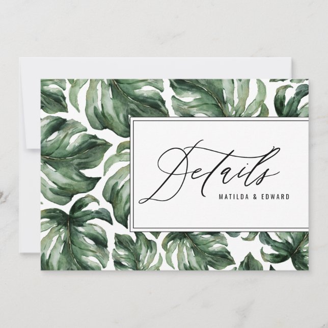 Watercolor palm leaf foliage wedding details announcement (Front)