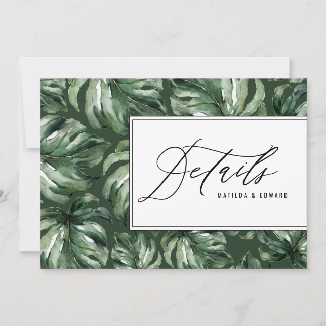 Watercolor palm leaf foliage wedding details announcement (Front)