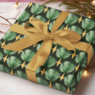 Watercolor Palm Leaf Gold Star Christmas Pattern Wrapping Paper