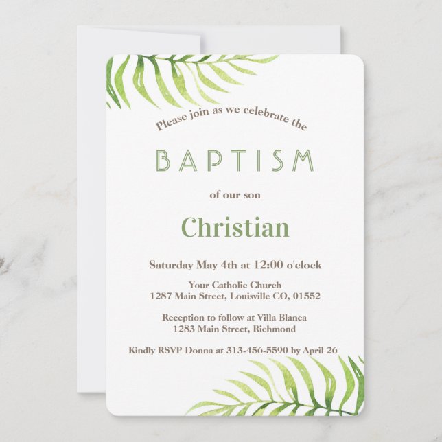 Watercolor Palm Leaves Beach Boy Baptism Invite (Front)