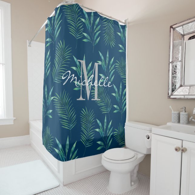 Watercolor Palm Leaves Custom Monogram First Name Shower Curtain (In Situ)