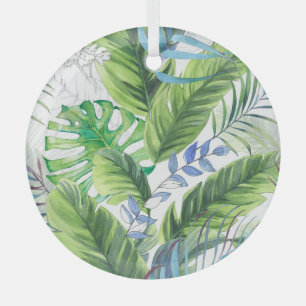 Watercolor palm leaves, exotic seamless background glass tree decoration