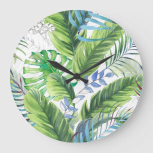 Watercolor palm leaves, exotic seamless background large clock