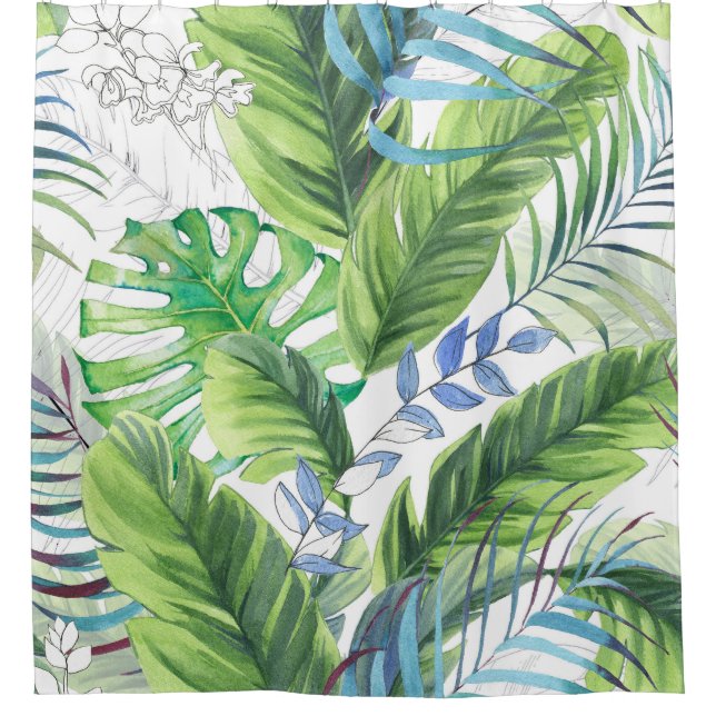 Watercolor palm leaves, exotic seamless background shower curtain (Front)