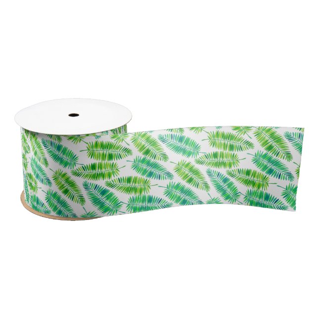 Watercolor palm leaves pattern satin ribbon (Spool)