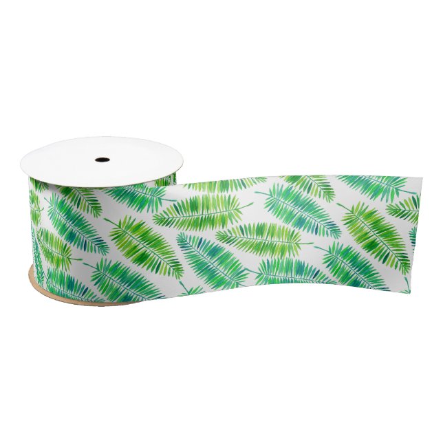 Watercolor palm leaves pattern satin ribbon (Spool)