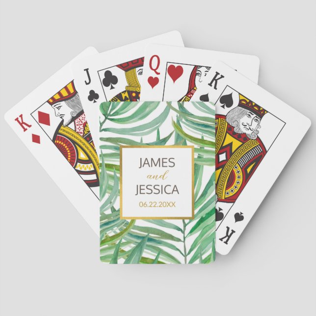 Watercolor Palm Leaves Personalised Wedding Favour Playing Cards (Back)