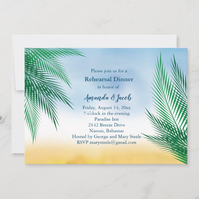 Watercolor Palm Leaves Rehearsal Dinner Invitation (Front)