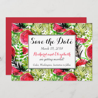 Watercolor palm leaves watermelon Save the Date Invitation