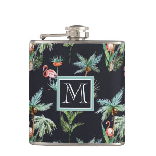 Watercolor Palm Pattern Add Your Initial Hip Flask