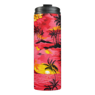 Watercolor palm silhouette and beach pattern thermal tumbler
