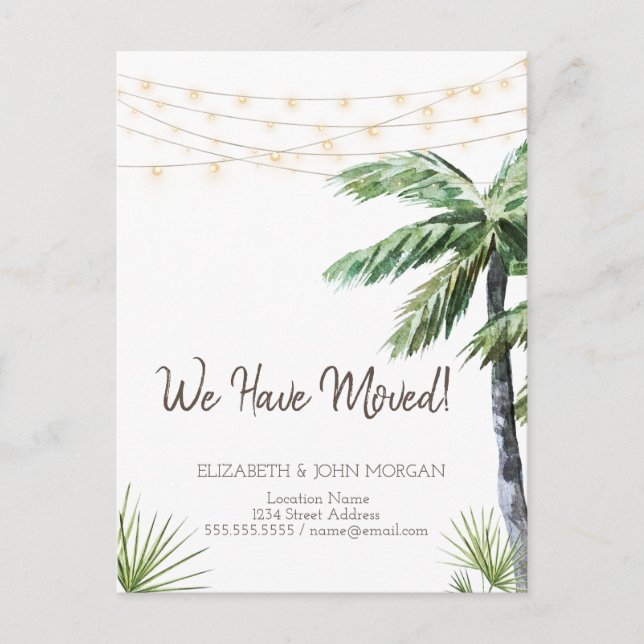 Watercolor Palm String Lights Announcement Postcard (Front)