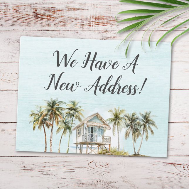 Watercolor Palm Tree Beach House New Address Postcard (Close up)