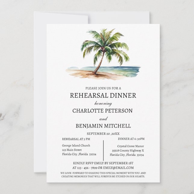 Watercolor Palm Tree Beach Rehearsal Dinner  Invitation (Front)