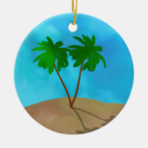 Watercolor Palm Tree Beach Scene Collage Ceramic O Ornament