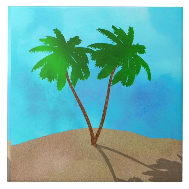 Watercolor Palm Tree Beach Scene Collage Ceramic Tile (Front)