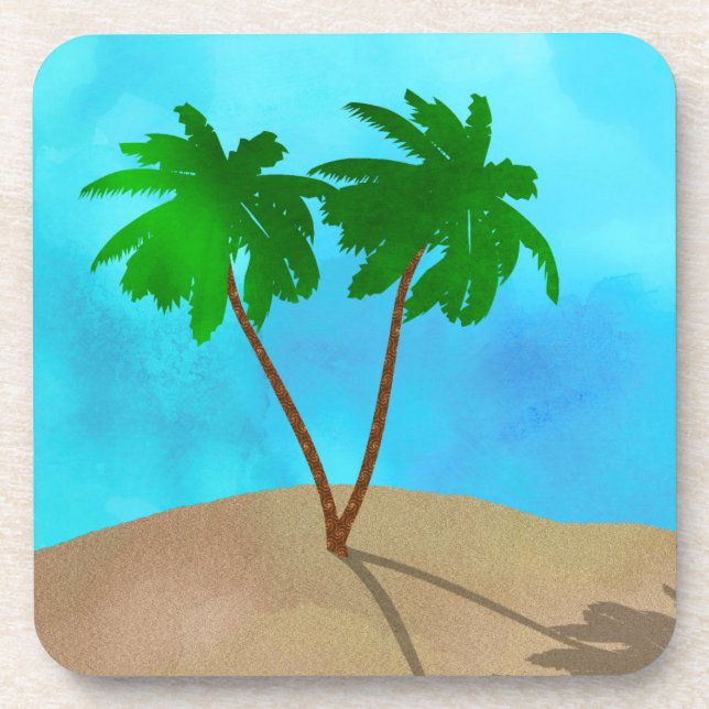 Watercolor Palm Tree Beach Scene Collage Coaster (Front)