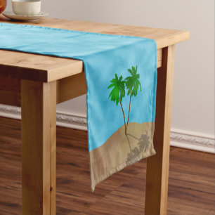 Watercolor Palm Tree Beach Scene Collage Short Table Runner