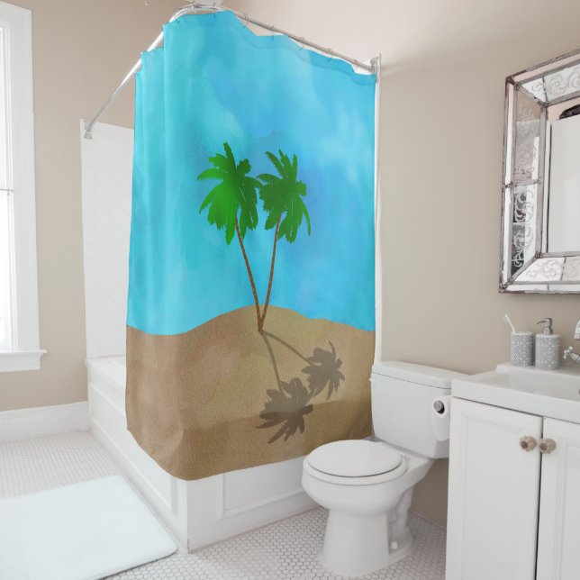 Watercolor Palm Tree Beach Scene Collage Shower Cu Curtain (In Situ)