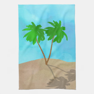Watercolor Palm Tree Beach Scene Collage Tea Towel