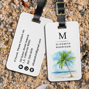 Watercolor Palm Tree Beach Vacation Monogrammed Luggage Tag