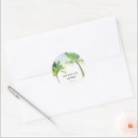 Watercolor Palm Tree Beach Wedding Classic Round Sticker<br><div class="desc">Elegant watercolor palm tree beach wedding sticker. Simply personalise name/s and date.</div>