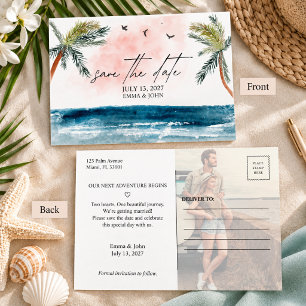 Watercolor Palm Tree Beach Wedding Save The Date Announcement Postcard