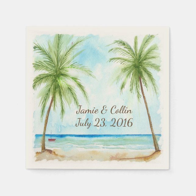 Watercolor Palm Tree Custom Wedding Paper Napkins (Front)
