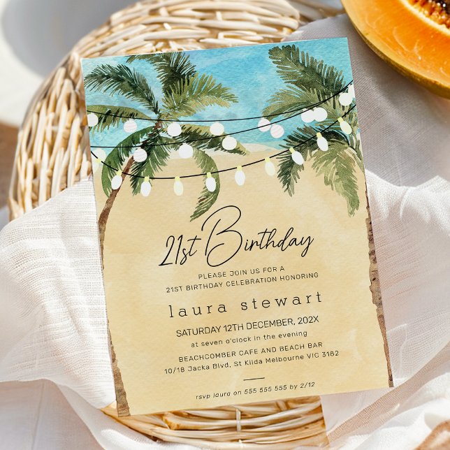 Watercolor Palm Tree Fairy lights 21st Birthday Invitation (Beach Party 21st Birthday Party Invitation, Palm Trees Fairy Lights, Beach Restaurant Birthday)
